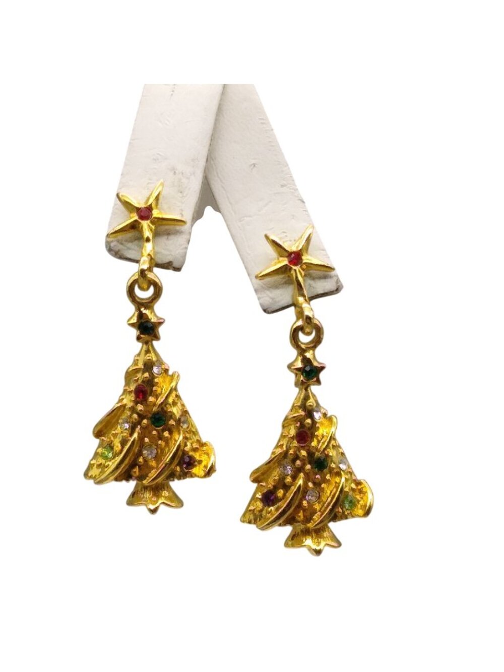 Vintage Christmas Tree Earrings, Gold Tone Dimensional Dangles with Colorful